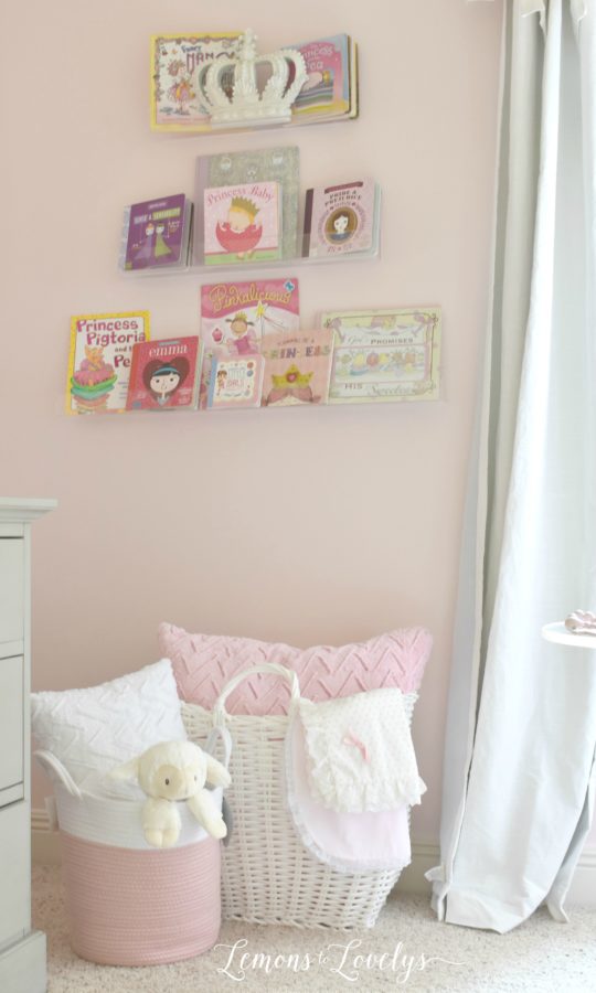 baskets and book shelf in nursery