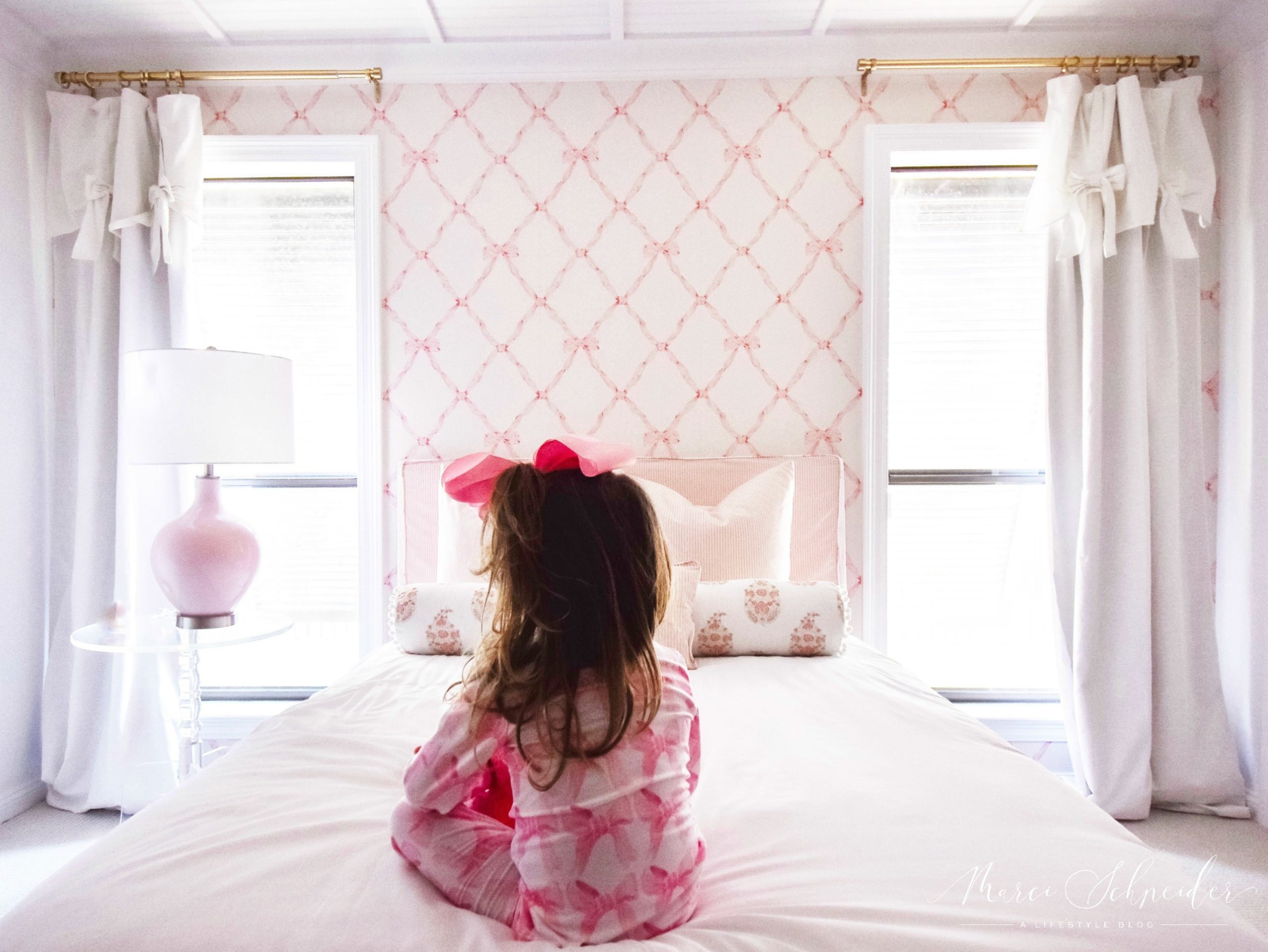 Girls Room Design- Wallpaper, Pillows, Headboard