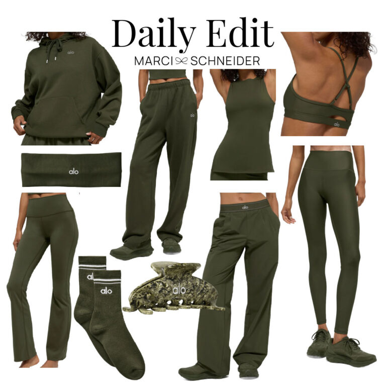 workout clothes from ALO Yoga in olive green
