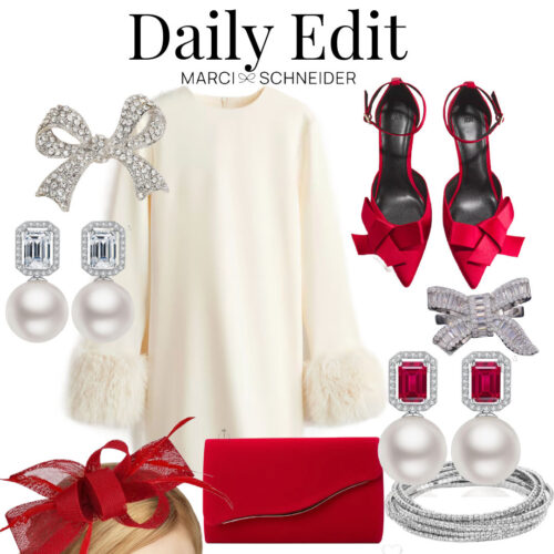 white Christmas party outfit with pops of red
